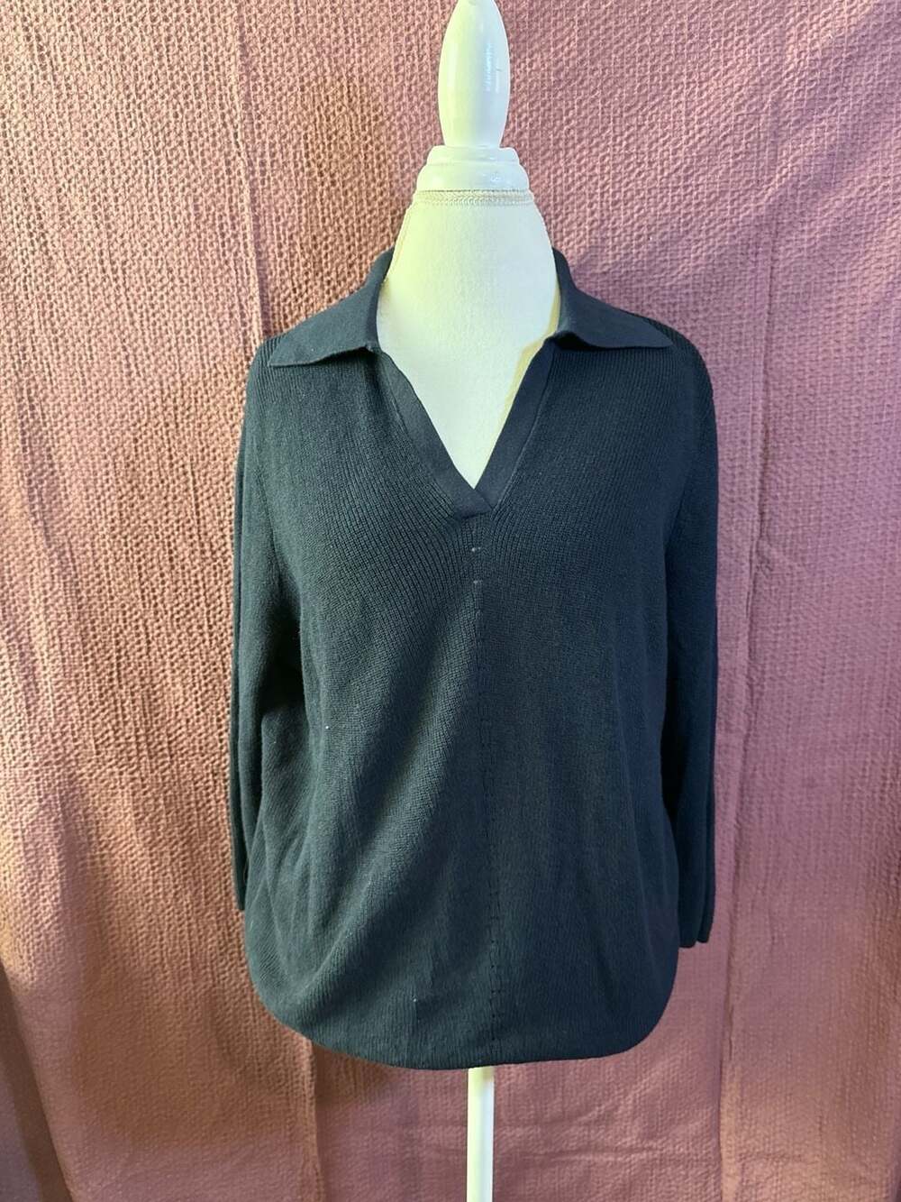Talbots Plus Blue Ribbed Knit Collared V-Neck Pullover Sweater 2X